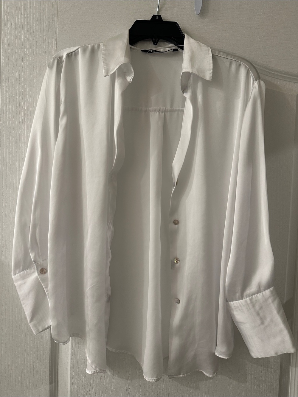 Zara White Satin-Look Button-Down Blouse